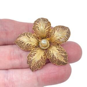 Vintage Topazio Portugal Gold-Tone Sterling Silver Pearl Filigree Flower Brooch